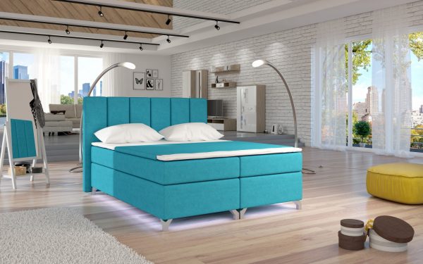 Pat tapitat cu stofa Basilio II Boxspring cu LED Turquoise