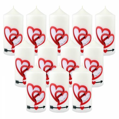 Bax 12 Lumanari cilindru albe model doua Inimi 13 cm