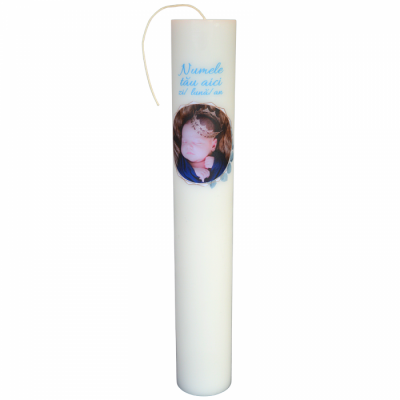 Lumanare Botez Baiatel personalizata cu poza si nume H40cm D7cm