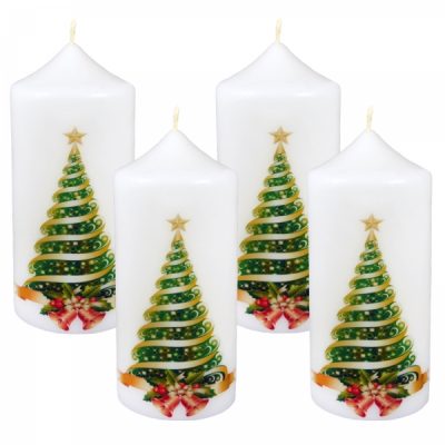 Set 4 Lumanari cilindru albe model Brad 13cm