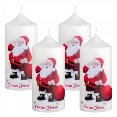 Set 4 Lumanari cilindru albe cu model Mos Craciun 13 cm