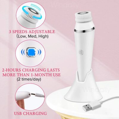 Perie electrica de curatare faciala 4in1 , fara fir , reincarcabila , curatare, demachiere ,masaj si lifting, ALB