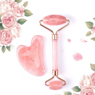 Set Jade Roller Pentru Masaj Facial si Revitalizarea Tenului, Rose